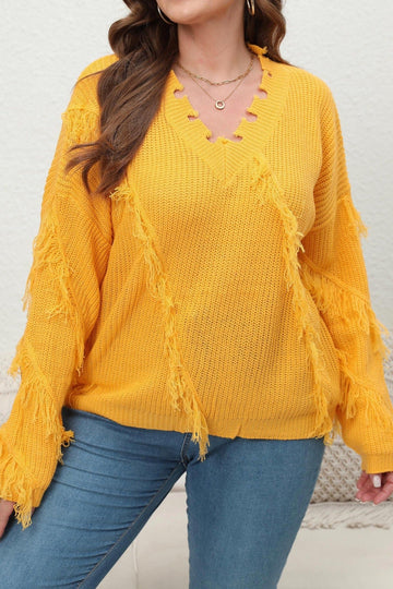 Woochic pull grande taille femme col en V franges jaune 1XL